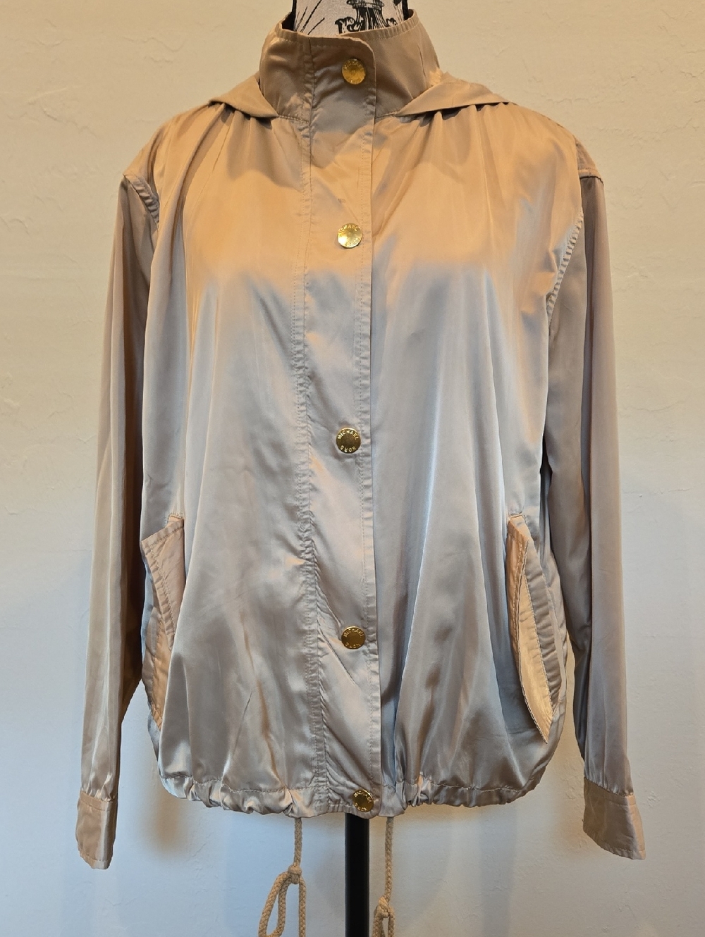Michael Kors Light Gold Matte Satiny Bomber Jacket with Gold Buttons